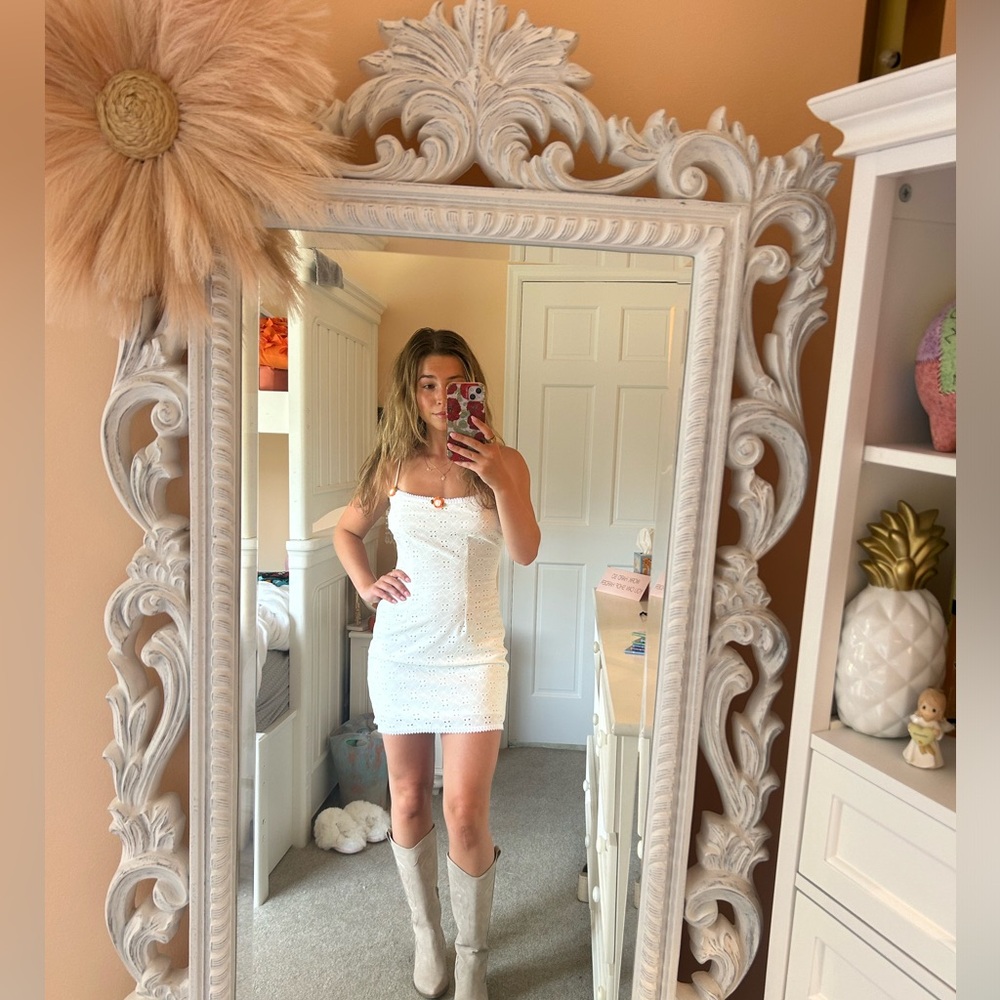 Lucy in the sky dress, white with orange detailing, size small(2-4).